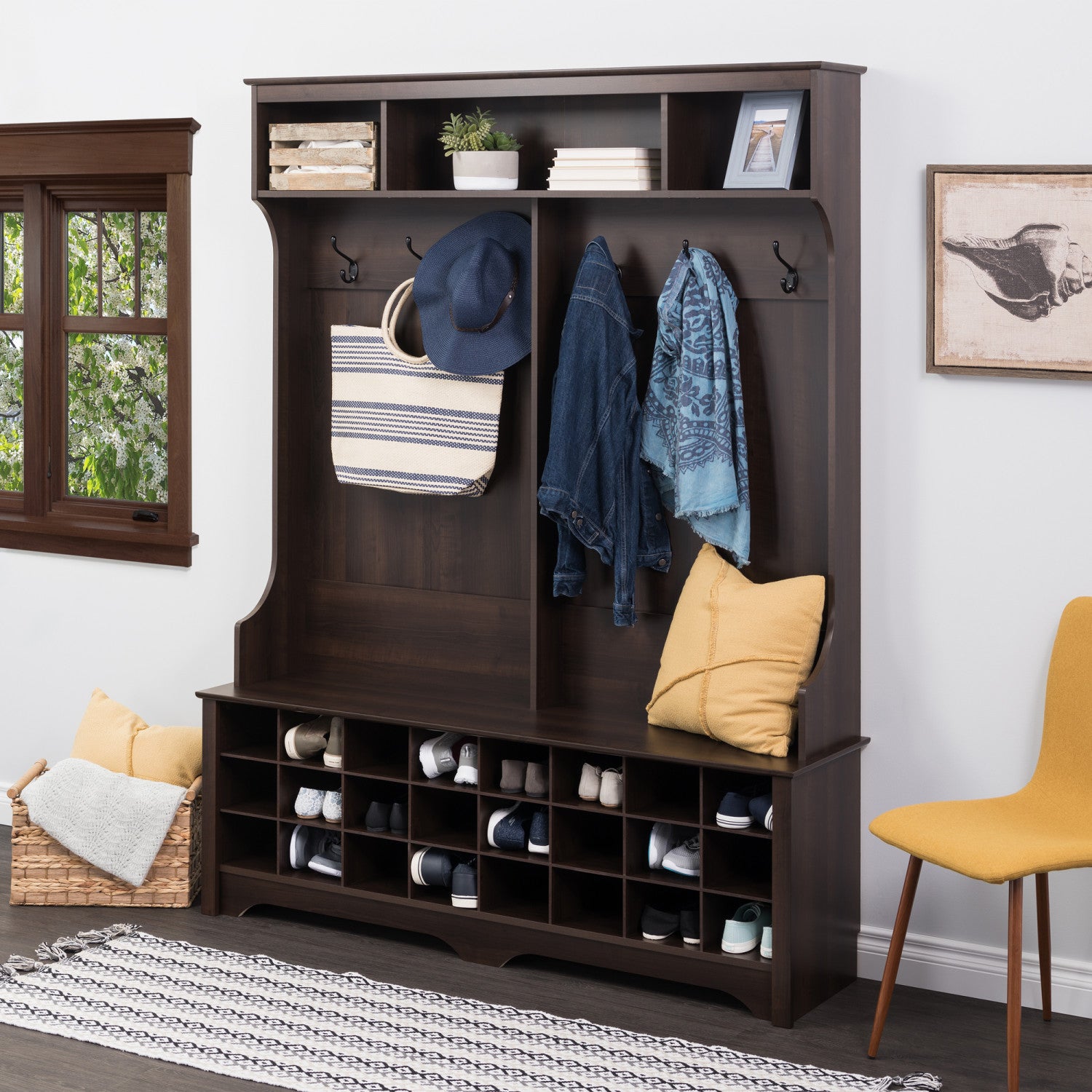 Espresso Hall Tree with 24 Shoe Cubbies - Ideal for Organizing Your Entryway