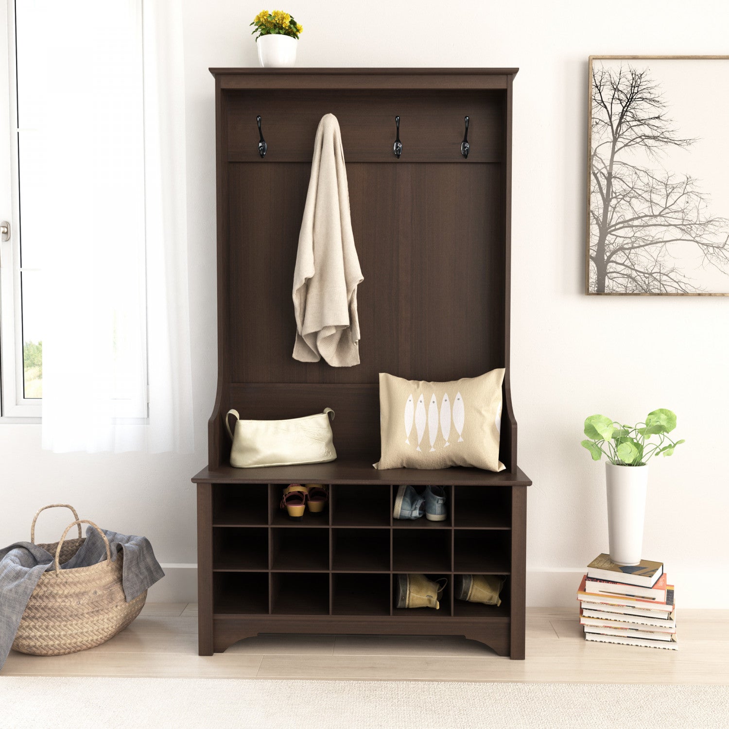 Espresso Hall Tree with Shoe Storage - Portemanteau Style