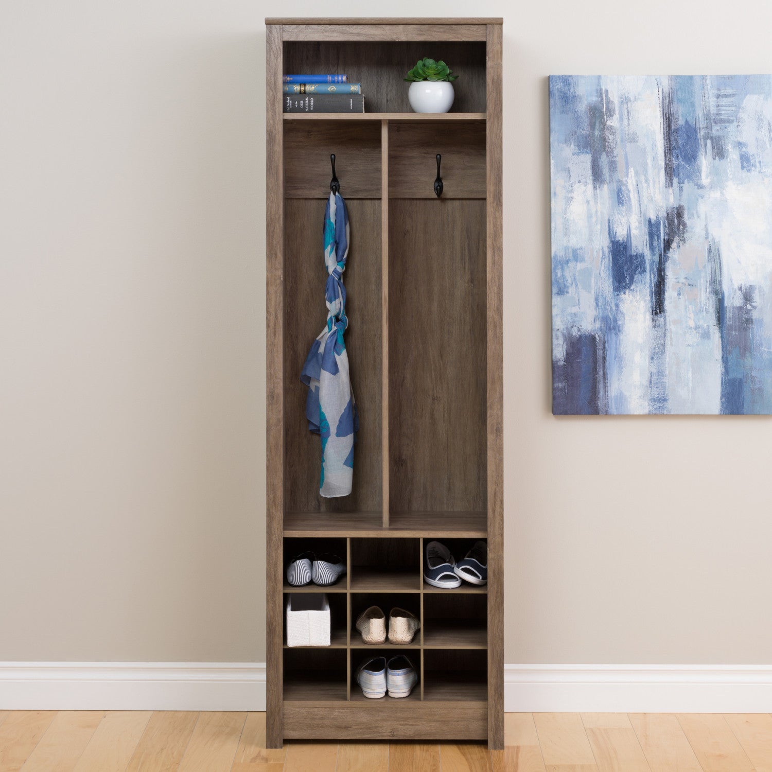Drifted Grey Entryway Organizer with Shoe Storage for Space-saving Solutions