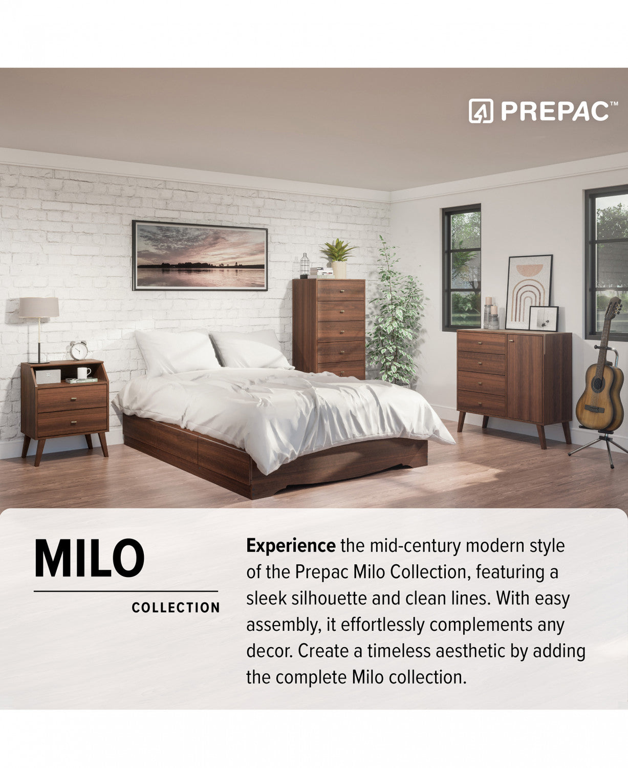Cherry-finished Milo Mid-Century Modern Bookcase: 6 Shelves, 2 Doors and Brushed Brass-Finished Knobs