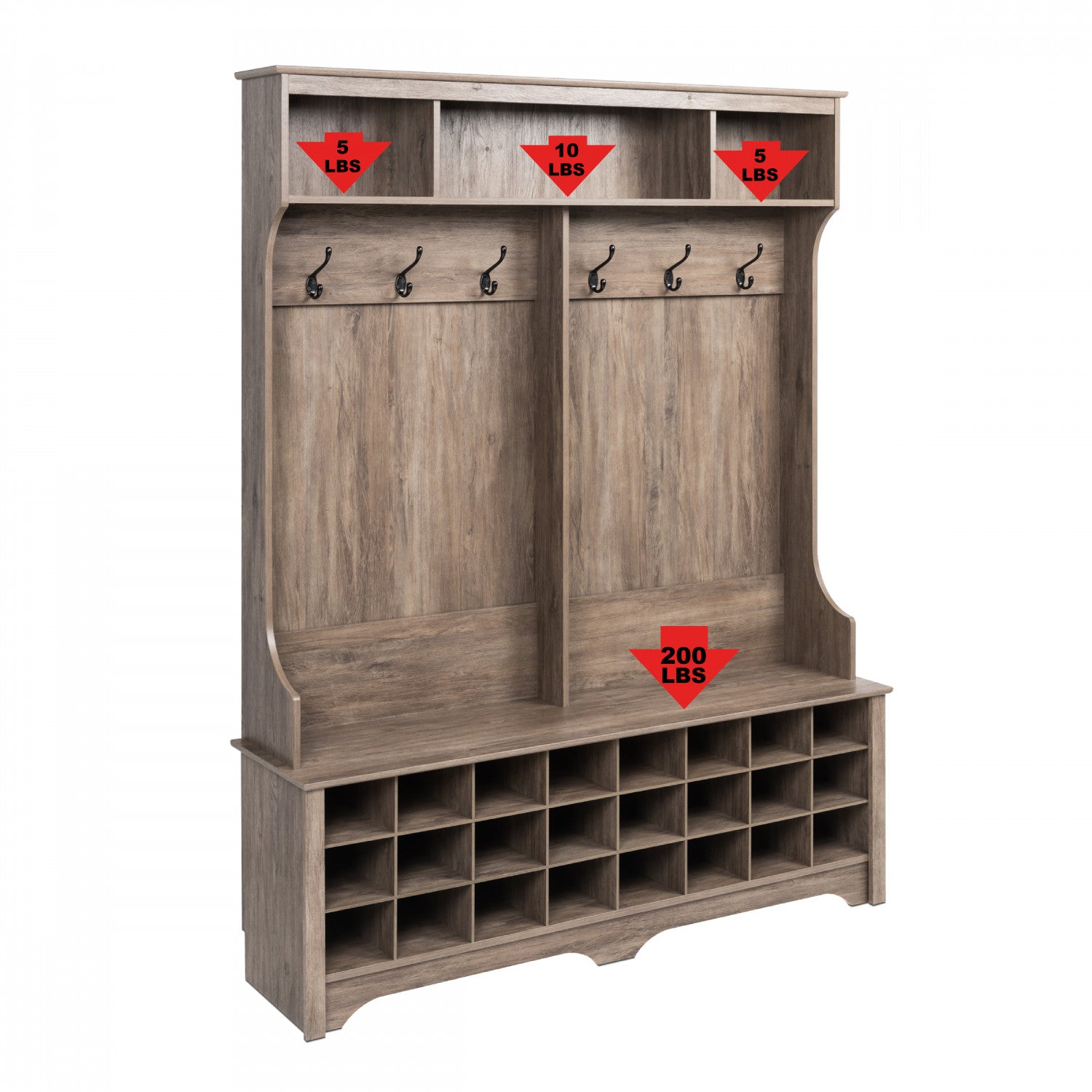 Drifted Grey Hall Tree: 24 Shoe Cubbies Included
