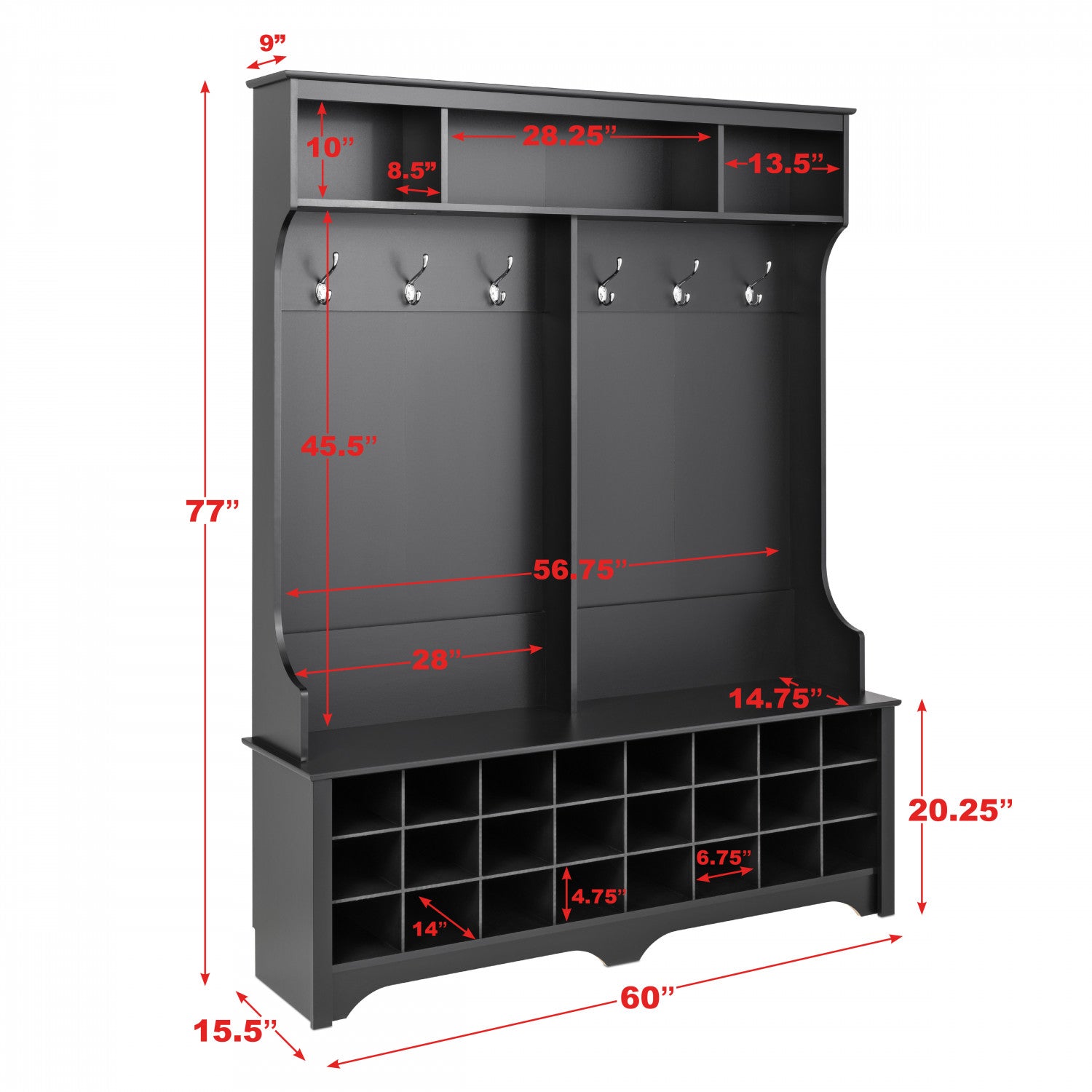 Black Hall Tree with 24 Shoe Cubbies - A Practical and Stylish Storage Solution