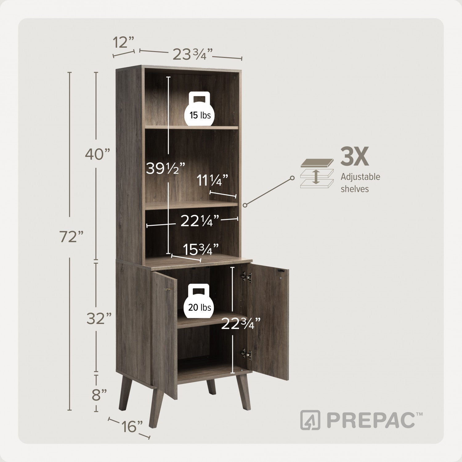 Milo Mid-Century Modern Tall Bookcase: Adjustable Shelves, 2 Doors, and Brushed Brass-Finished Knob