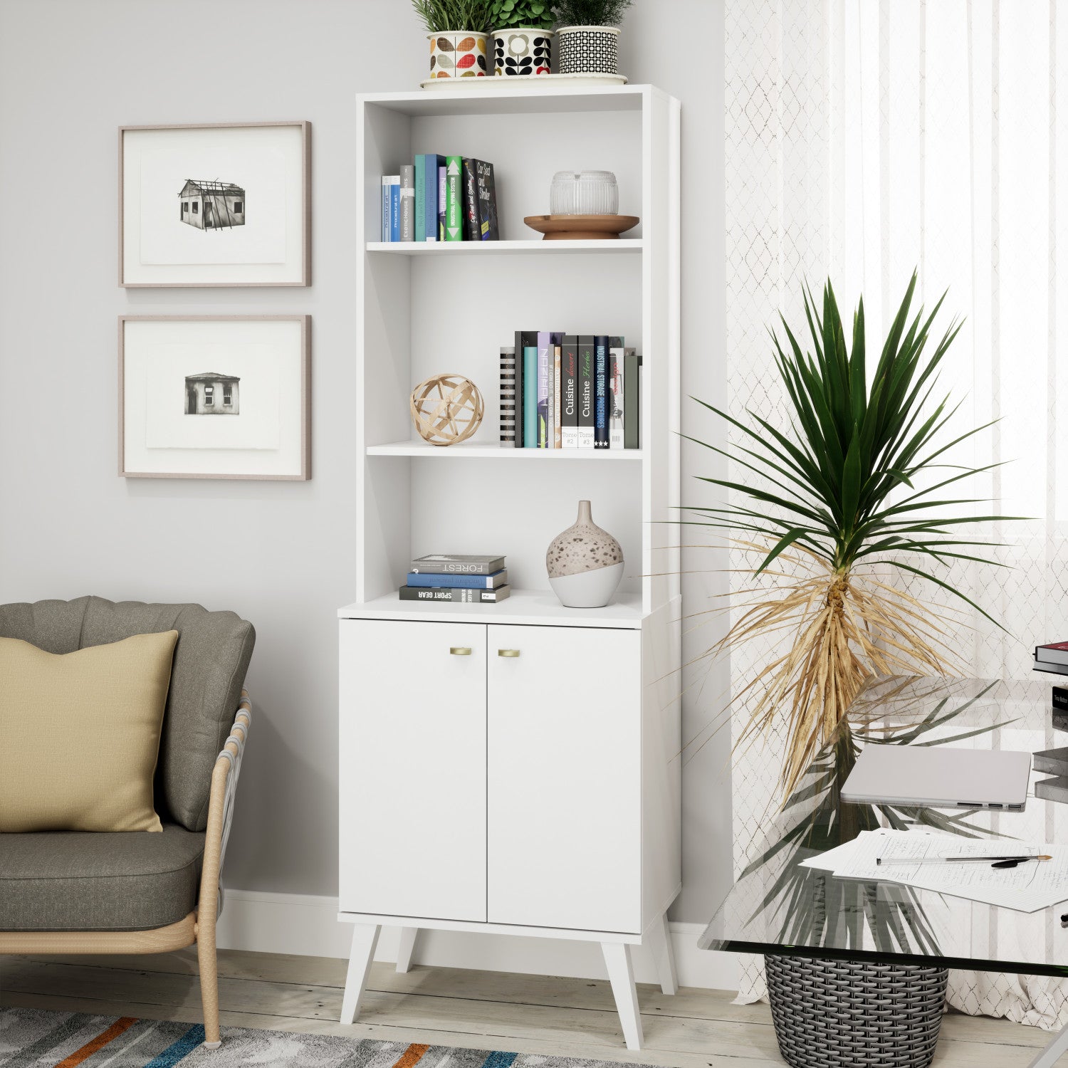 White Milo Mid-Century Modern Tall Bookcase: Adjustable Shelves, 2 Doors, and Brushed Brass-Finished Knobs