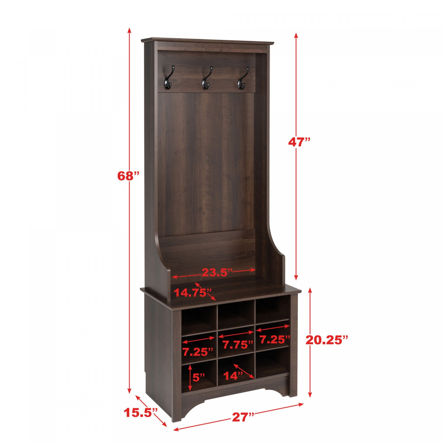 Espresso Narrow Hall Tree with Nine Shoe Cubbies