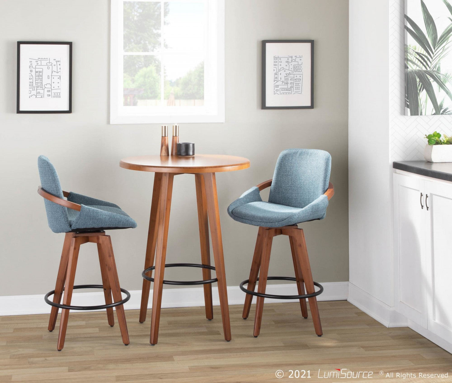 LumiSource Cosmo Mid-Century Counter-Height Stool in Walnut/Blue Fabric - A Stylish 20th Century Design