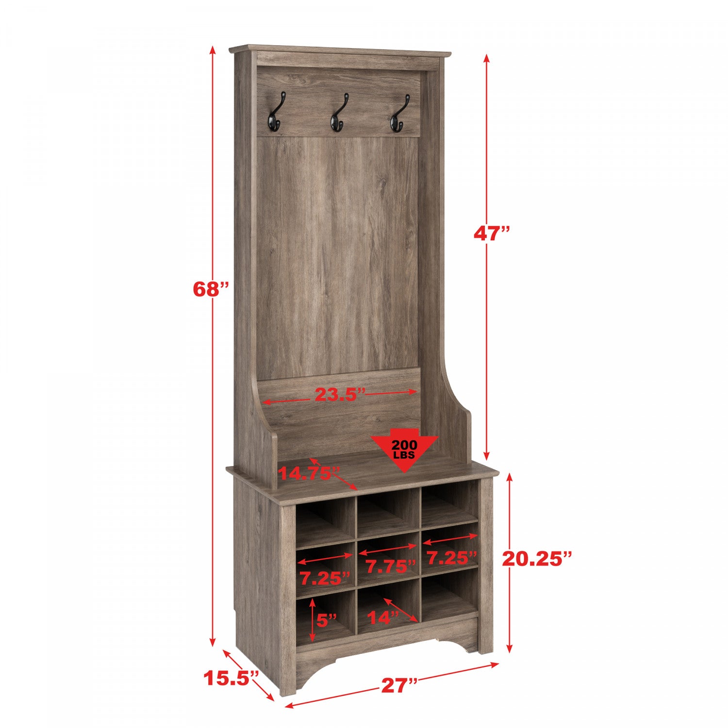 Drifting Grey Narrow Hall Tree with Nine Shoe Cubbies