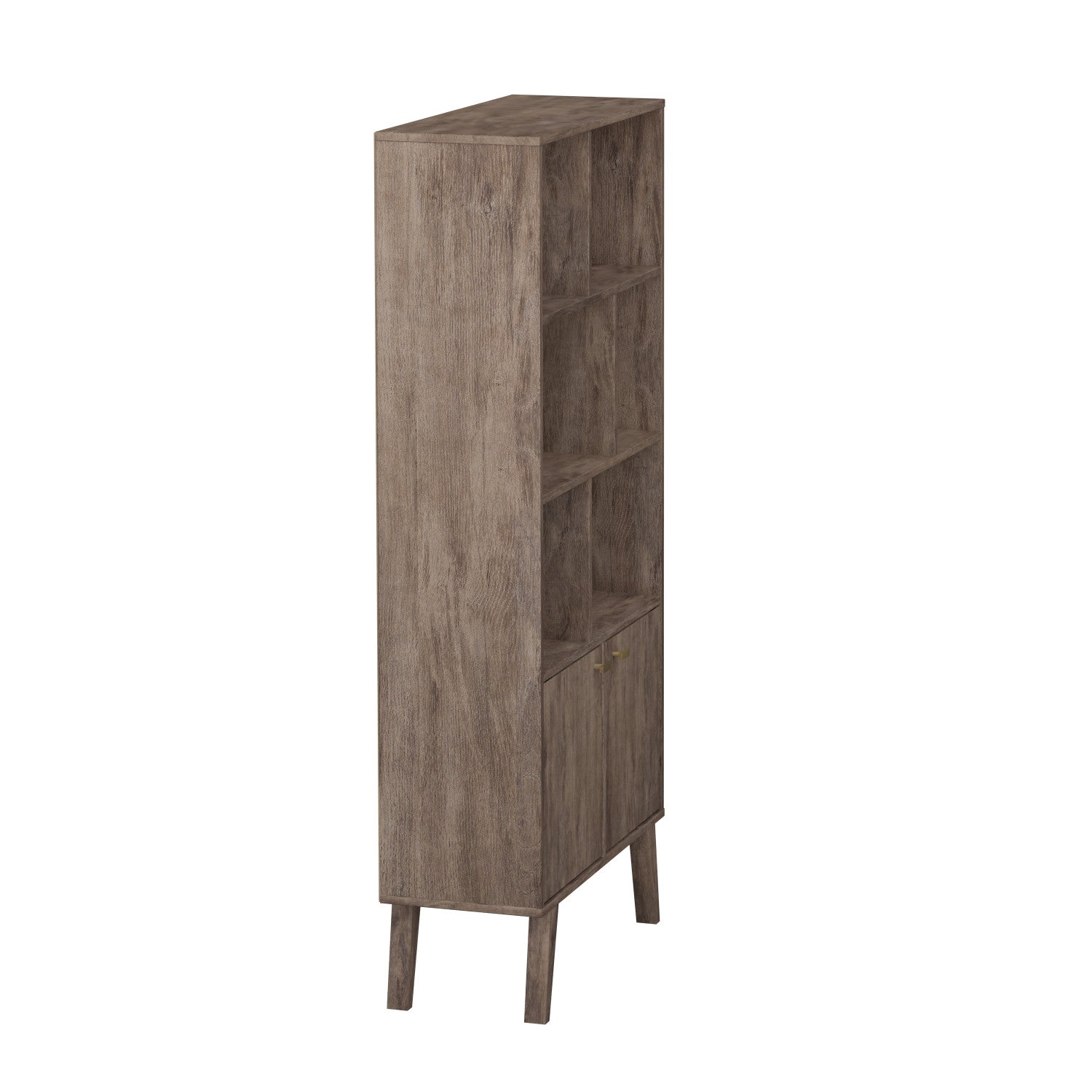Drifted Grey Milo Mid-Century Modern Bookcase: 6 Shelves, 2 Doors, and Brushed Brass-Finished Knobs