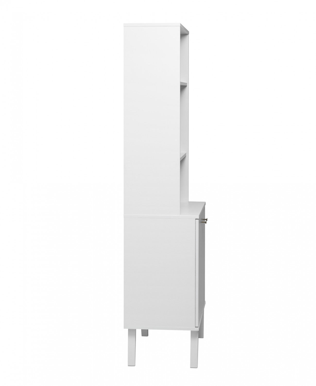 White Milo Mid-Century Modern Tall Bookcase: Adjustable Shelves, 2 Doors, and Brushed Brass-Finished Knobs