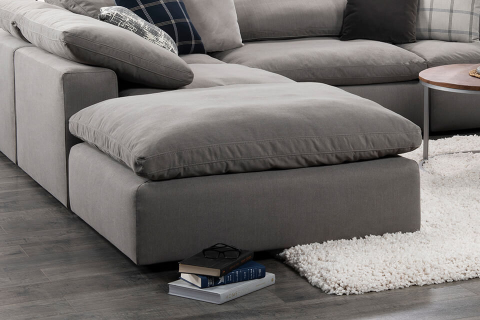 Sofa sectionnel modulaire Ida 5 pièces en tissu d'apparence lin avec pouf - Ardoise
