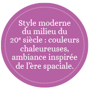 Style moderne du milieu du 20e siècle : couleurs chaleureuses, ambiance inspirée de l’ère spaciale.. 