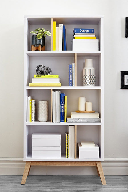 White Modern Bookshelf With Books and Plants