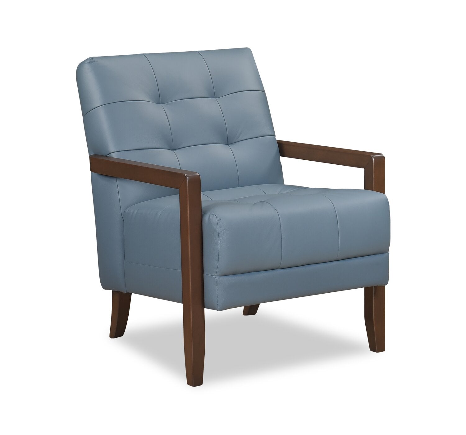 Blue Enzo 26-Inch Genuine Leather Accent Chair with Biscuit Tufting, Track Arms and Wood Legs - A Stylish Fauteuil d’appoint