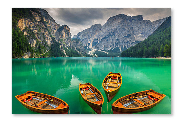 16x24 Wall Art Fabric Panel of a Stunning Mountain Lake with Wooden Boats in the Dolomites, Italy - Without Frame