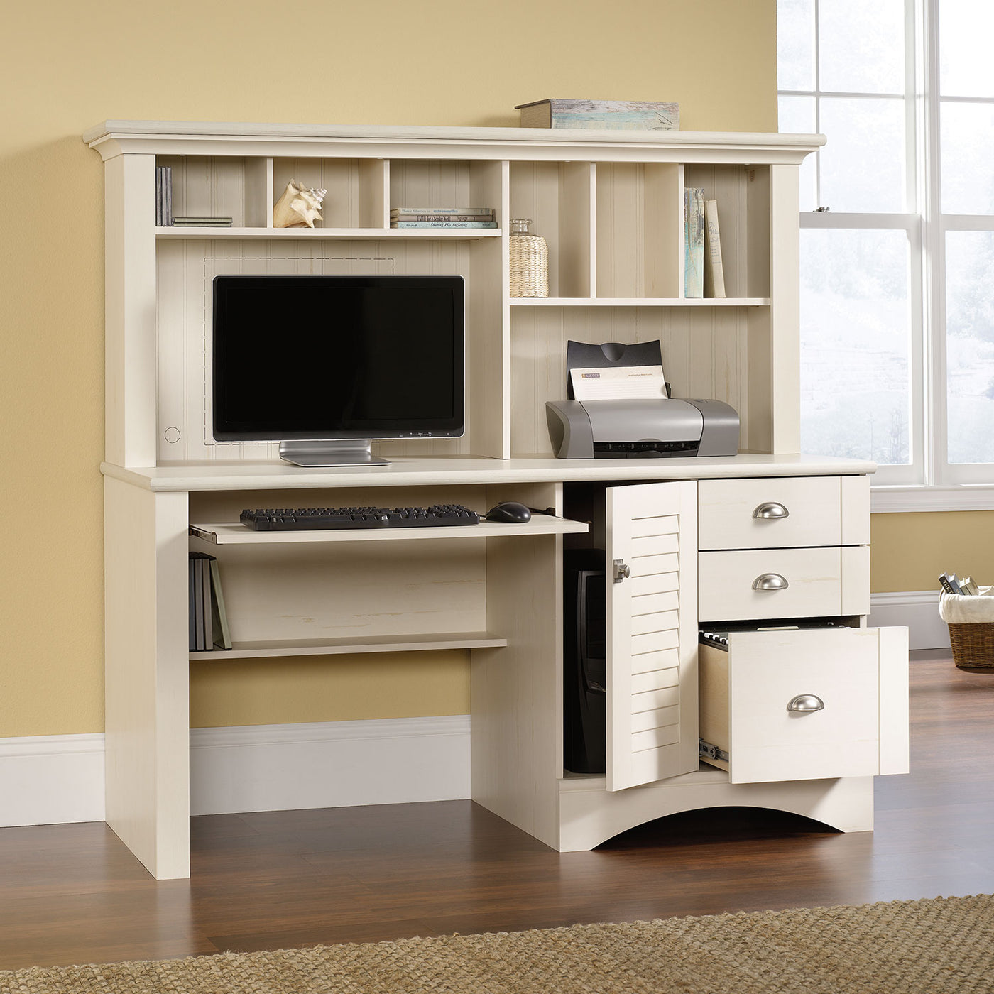 Harbor View Desk With Hutch Antiqued White The Brick