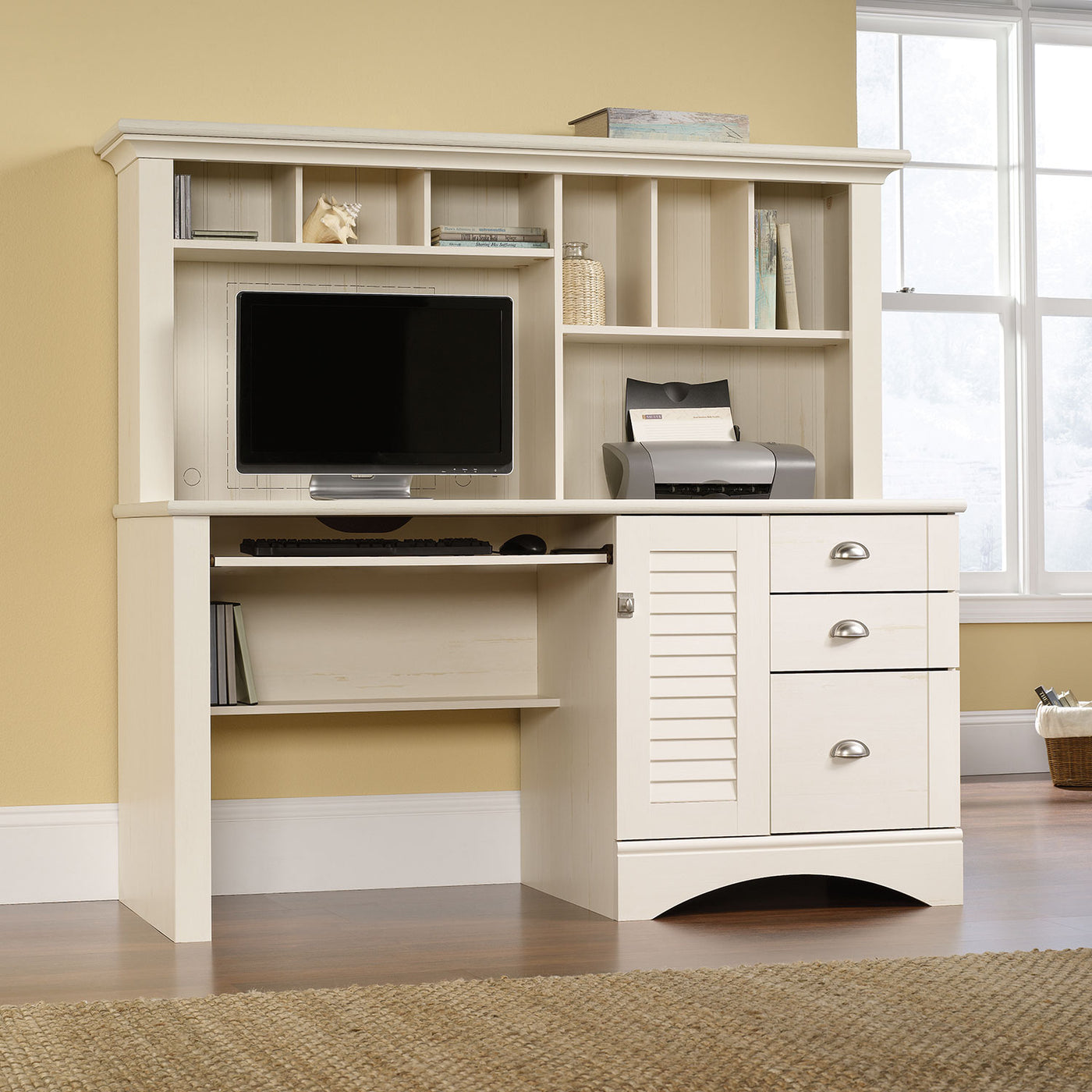 Harbor View Desk With Hutch Antiqued White The Brick