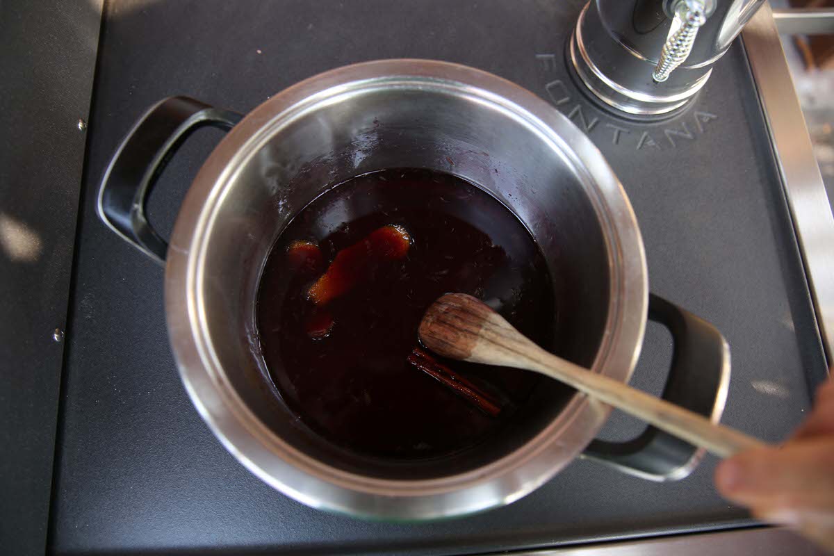Wine brine to be cooked down with cranberries in wood-fired oven