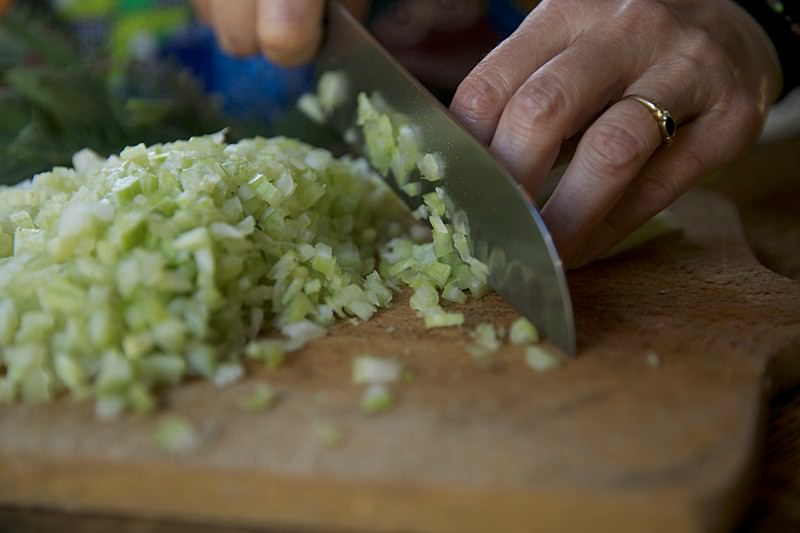 Chopped celery for turkey to be baked in Fontana wood-burning oven 