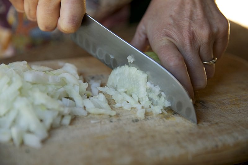 Chopped onion for turkey to be baked in Fontana wood-burning oven 