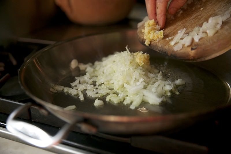 Garlic and onion sautéed for for turkey to be baked in Fontana brick oven 