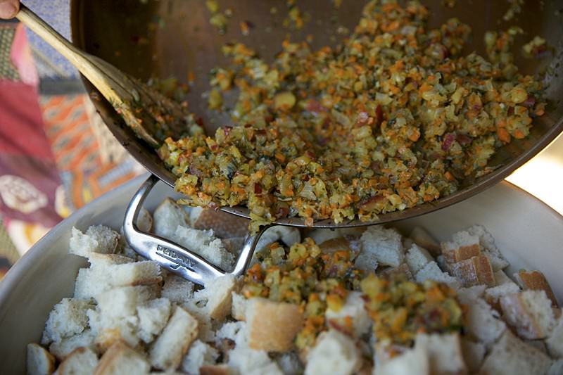 Sautéed vegetables and apples put in bread for stuffing to be placed in turkey baked in Fontana brick oven