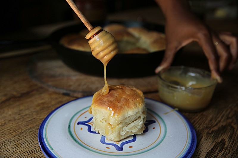 Freshley baked biscuits drizzled with honey butter