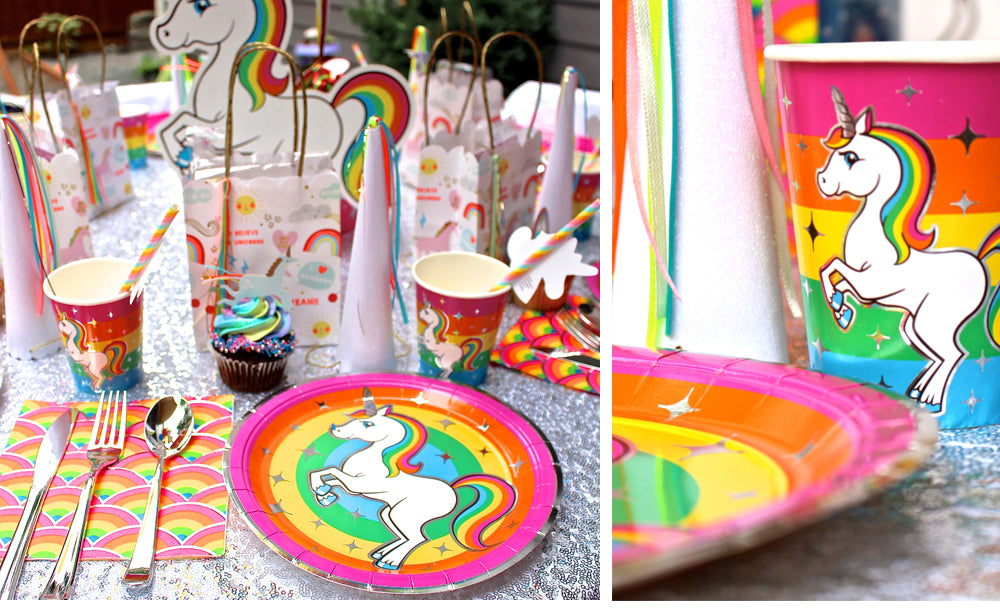 Silver Lining Rainbow Unicorn Place Setting Plates Cups Napkins 