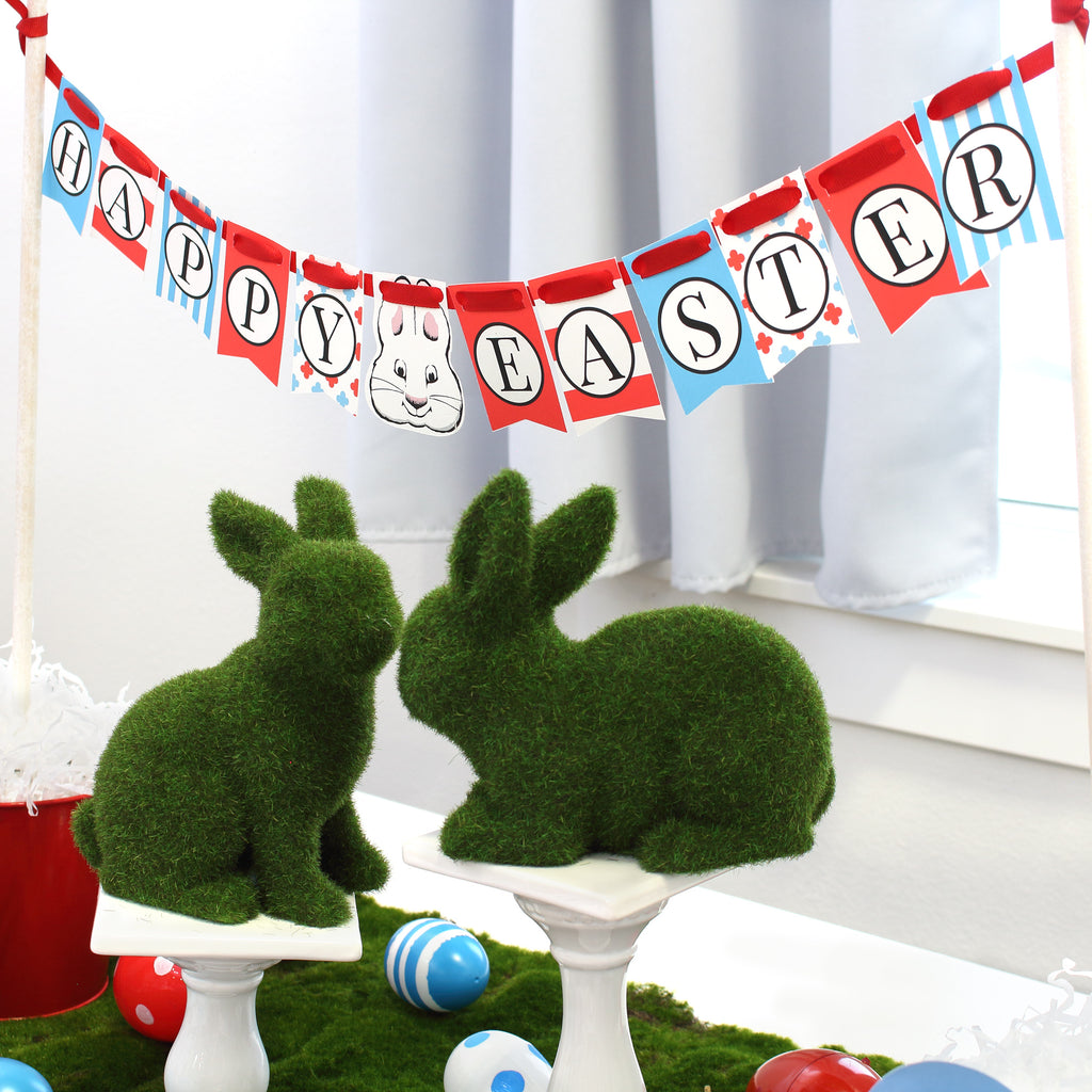 Printable Easter Banner Table top red white blue green moss bunnies party 