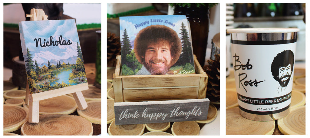 Bob Ross Party Napkins paper cups that look like paint cans and little art easels