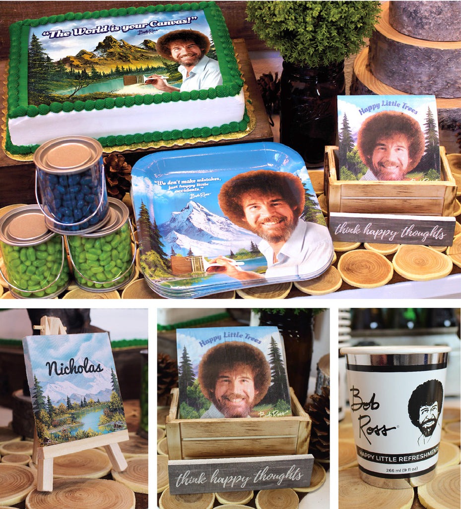 Bob Ross Graduation Party items with plates cups and cake sheet