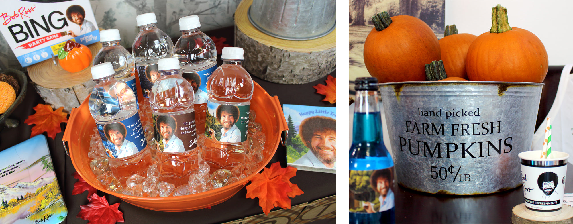 Bob Ross Water Bottle Labels and Pumpkins for painting