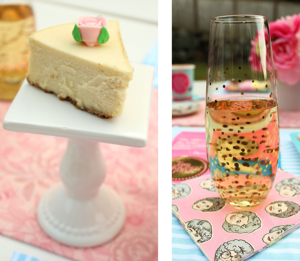Golden Girls Cheesecake pedestal and stemless champagne flute with gold confetti