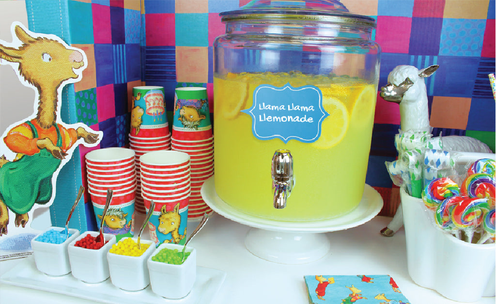 Llama Llama party treat table featuring Llama Llemonade