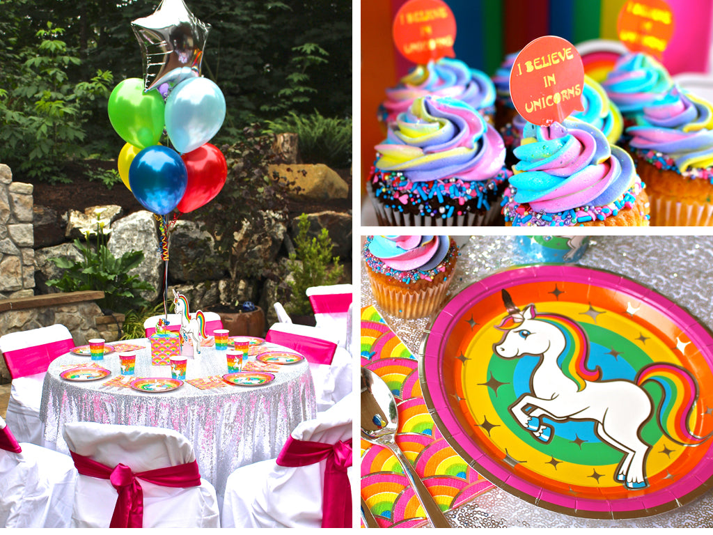 Silver Lining Rainbow Unicorn table set up plates, cupcakes, napkins, balloons