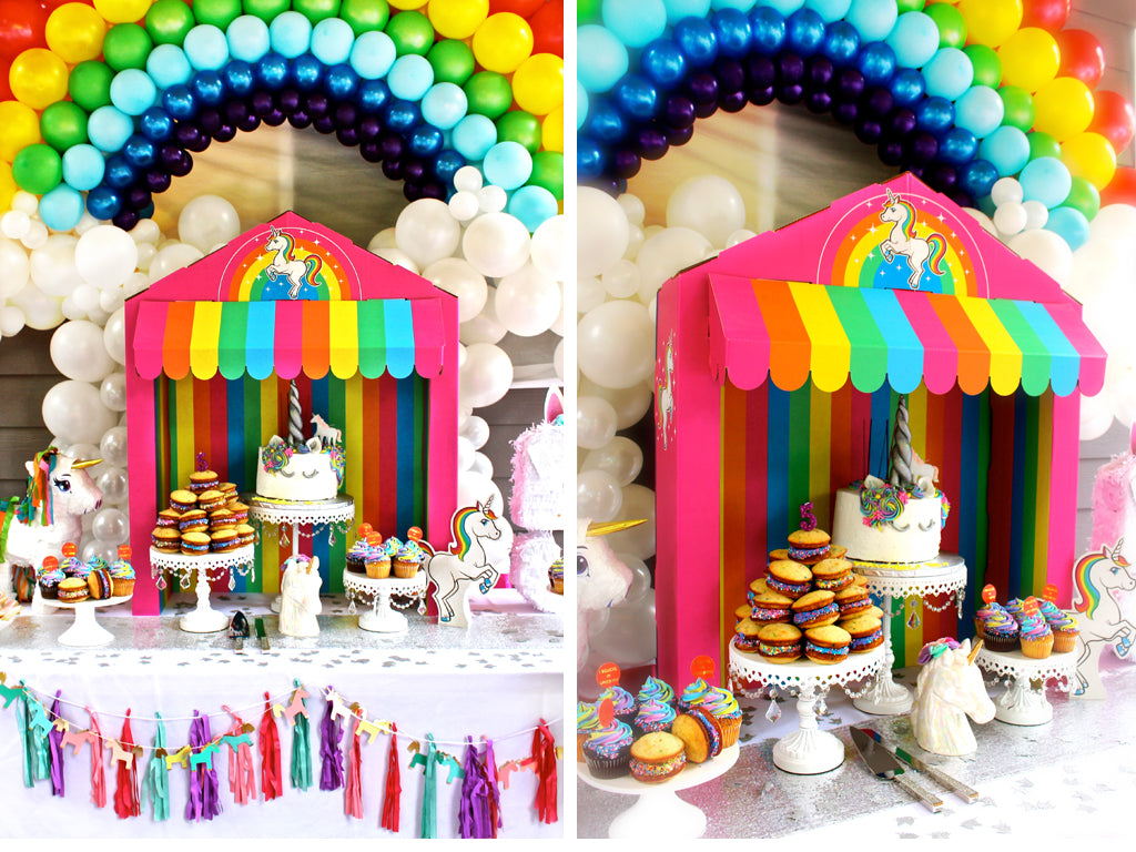 Silver Lining Rainbow Unicorn Treat Tower and Rainbow Balloon arch