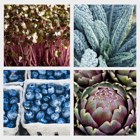 Picture of microgreens, kale, blueberries, and artichoke