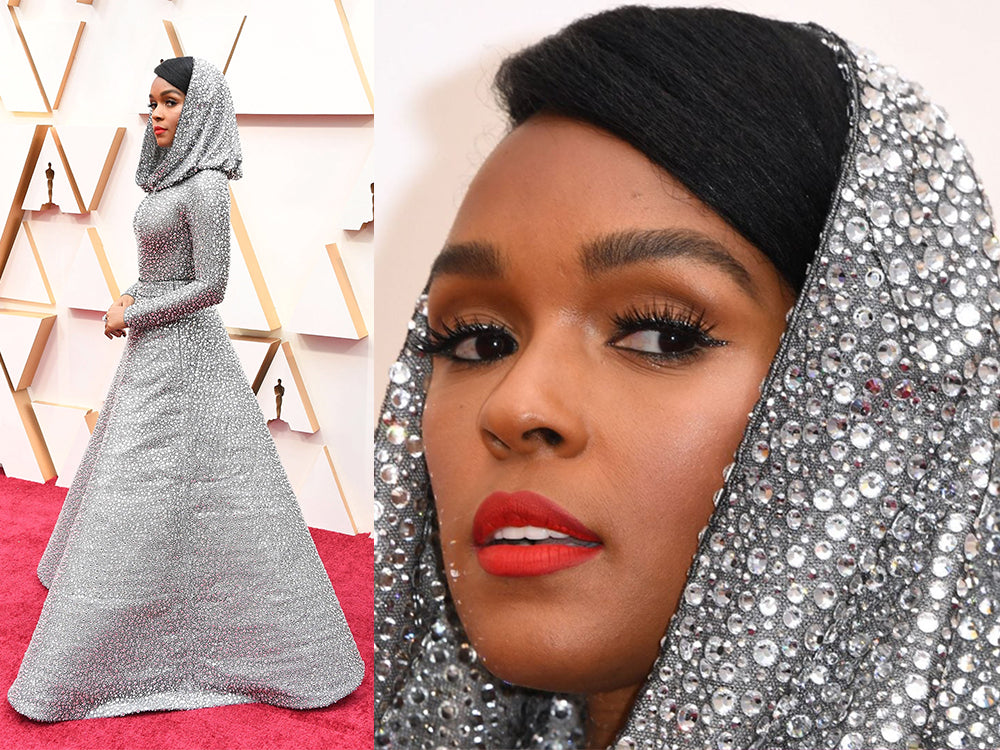 vestido plateado, lanios rojos, Janelle Monae