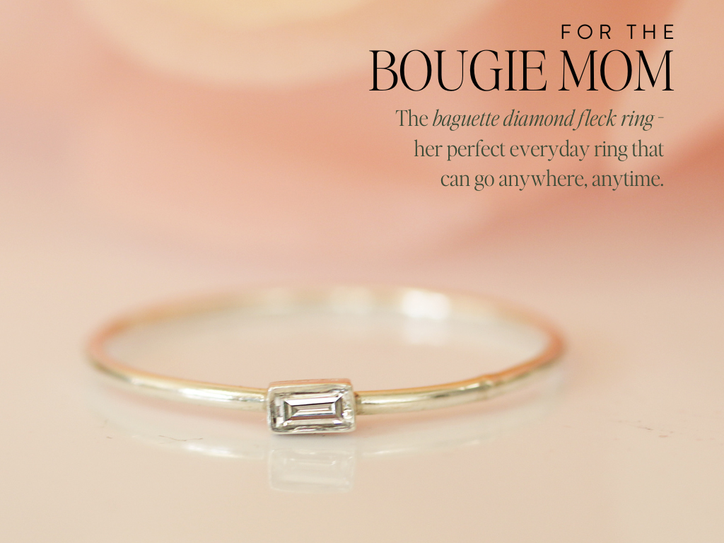 silver ring with baguette diamond ring. text on image reading : for the bougie mom, The baguette diamond fleck ring﻿ - her perfect everyday ring that can go anywhere, anytime.
