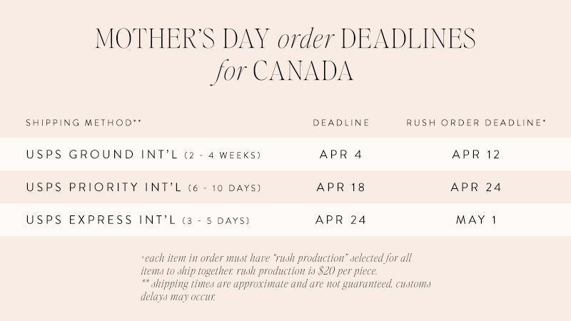 Mother's day order deadlines for canada | usps ground int'l (2-4 weeks) apr 4 deadline, apr 12 rush order deadline  usps priority mail  int'l (6-10 days) apr 18 deadline, april 24 rush order deadline | usps express int'l (3-5 days) apr 24 deadline | may 1 rush order deadline | * each item in order must have “rush production” selected for all items to ship together. rush production is $20 per piece. ** shipping times are approximate and are not guaranteed. customs delays may occur.