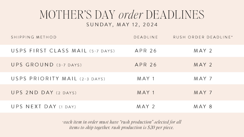 mother's day order deadlines | sunday may 12, 2024 | usps first class mail (5-7 days) april 26 deadline, may 2nd rush order deadline | ups ground 3 - 7 days apr 26 deadline, may 2nd rush order deadline | usps priority mail (2-3 days) may 1 deadline, may 7 rush order deadline | ups 2nd day air (2 days) may 1 deadline, may 7 rush order deadline | ups next day (1 day) may 2 deadline, may 8 rush order deadline | each item in order must have "rush production" selected for all items to ship together. rush production is $20 per piece.