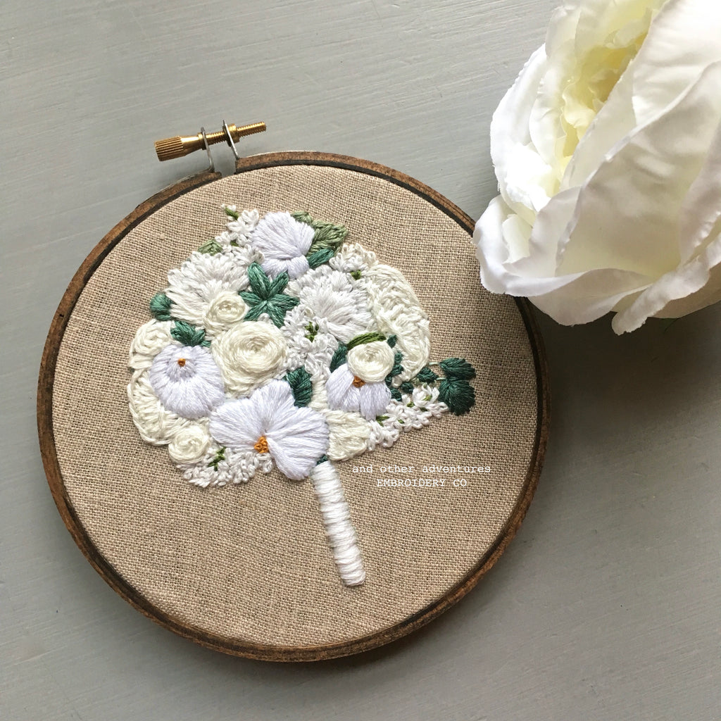 White Wedding Bouquet Embroidered Hoop Art by And Other Adventures Embroidery Co