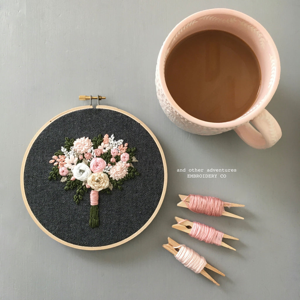 Coffee and Embroidered Hoop Art on Tweed by And Other Adventures Embroidery Co