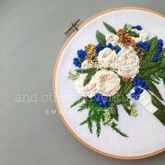 Blue and Ivory Embroidered Bridal Bouquet by And Other Adventures Embroidery Co