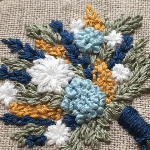 Embroidered Mustard and Blue Flower Bouquet by And Other Adventures Embroidery Co