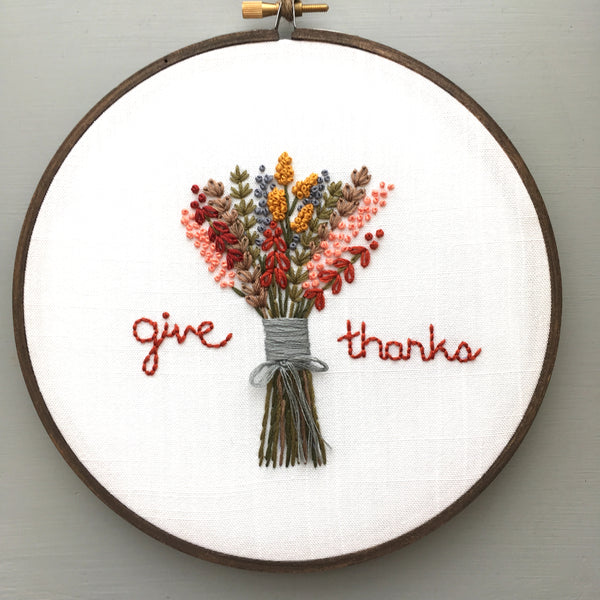 Gives Thanks Thanksgiving hand embroidery floral pattern