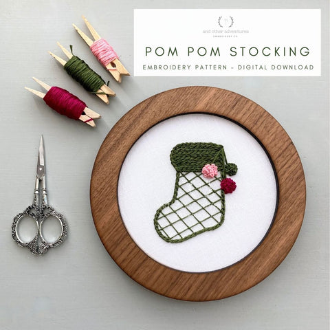 Green Pom Pom Stocking Embroidery Pattern | And Other Adventures Embroidery Co