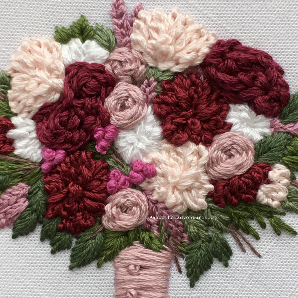 Mauve and Burgundry Hand Embroidered Flower Bouquet by And Other Adventures Embroidery Co