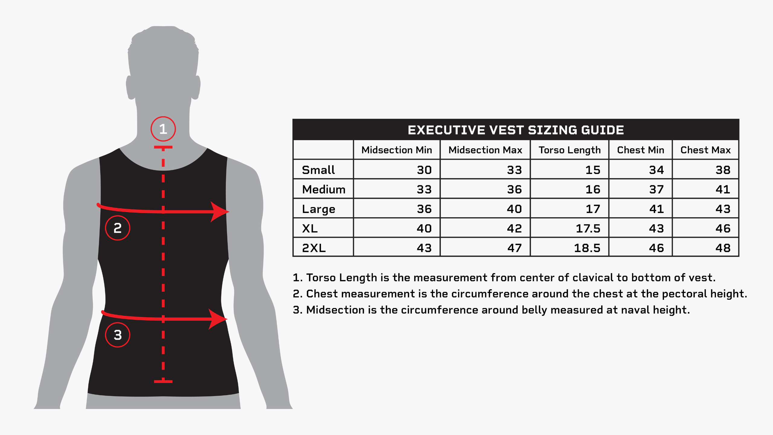 sizing for the executive vest, designed to fit close to the body for highest concealability