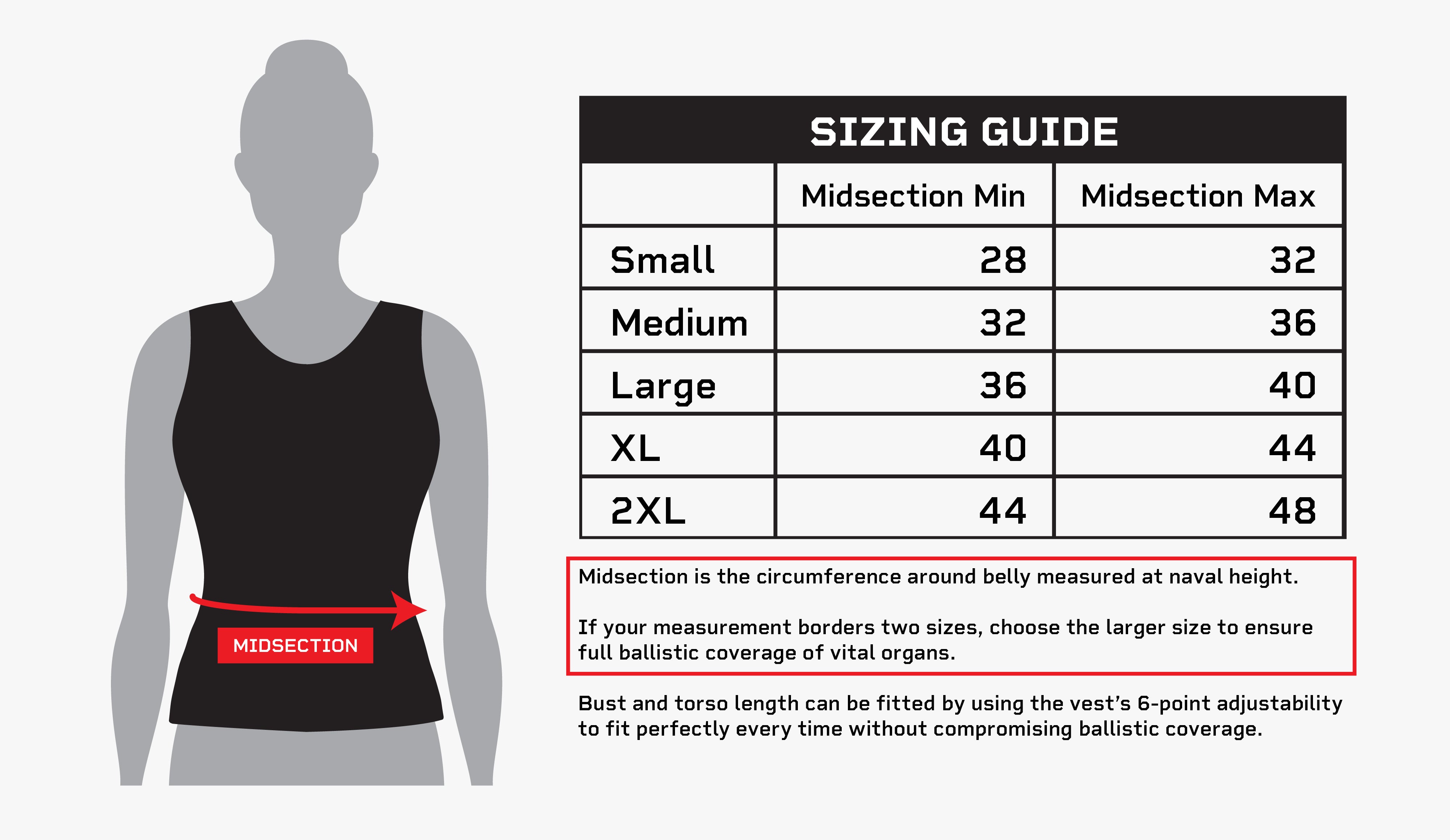 sizing chart for female body armor vest