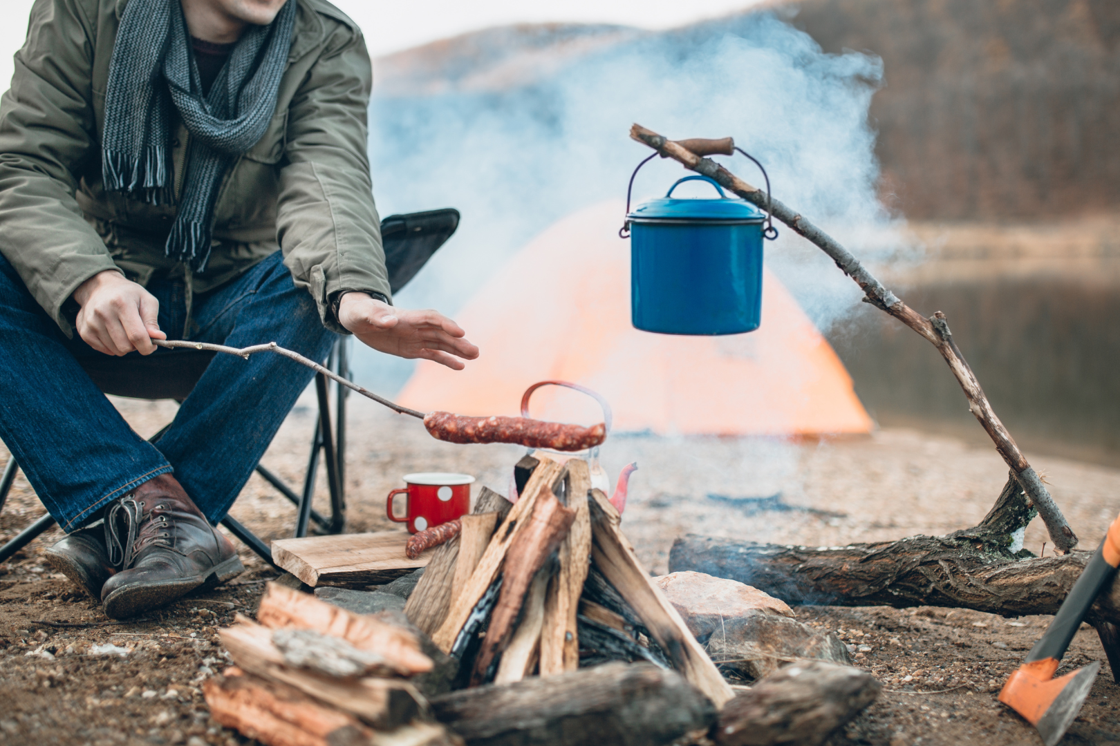 bushcraft cooking gear over a wood fire